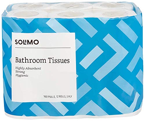 Amazon Brand - Solimo 3 Ply Toilet Paper/Tissue Roll - 12 Rolls (160 Pulls Per Roll)