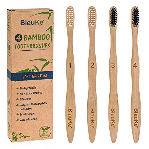 Bamboo Toothbrush Soft Bristle 4-Pack, Natural Soft Toothbrushes for Adults, Black Charcoal Toothbrushes Included, Eco Friendly Wooden Toothbrushes Soft Bristles, Biodegradable Bamboo Toothbrushes