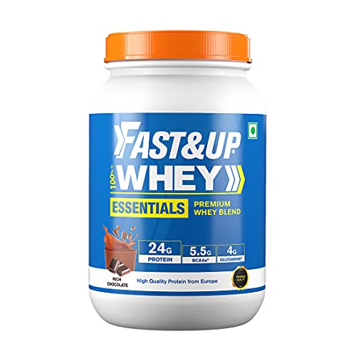 Fast&UP Essentials Whey Protein Isolate Blend (Rich Chocolate Flavour) - 30 Servings - 24g Protein, 5.5g BCAA, 4g Glutamine -Faster Recovery & Muscle Building  Primary Source Isolate (2.1Lbs, 960gm)