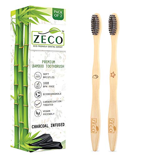 Zeco Zero Waste Bamboo Toothbrush for Adults, [ BpA Free ] Charcoal Infused Soft Bristles with Easily Disposable Plastic Free Wooden Handle, and Compostable Toothbrush 2 Pieces