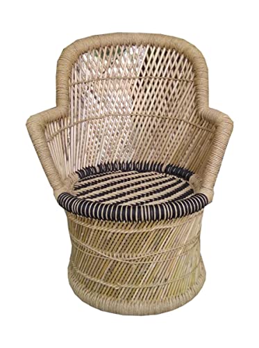 Harish Handmakers ! Handmade Bamboo Mudda Chair with Black & Beige Wave Seat Pattern Pure Natural | Chair | Cane - Standard